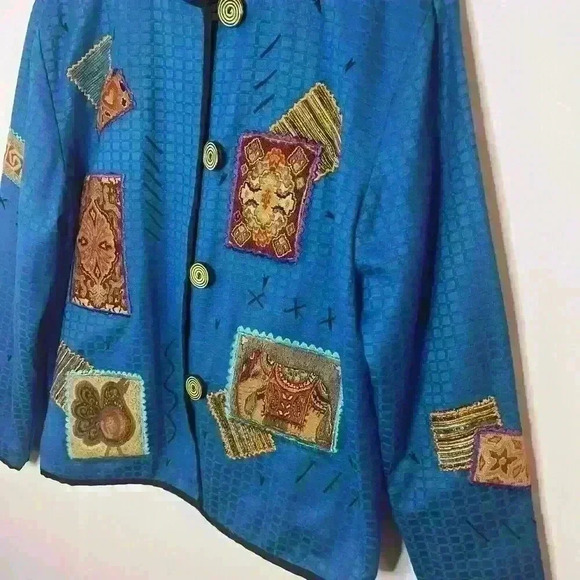 Vintage Allure Dress Jacket Womens Med Blue‎ Patchwork Boho Art To Wear Blazer - Picture 3 of 11